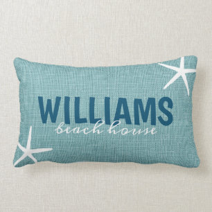 Blue beach house starfish custom name lumbar pillow