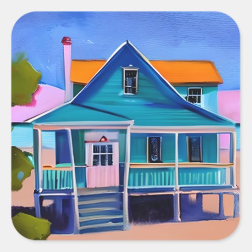 Blue Beach House Vacation Quirky Art Square Sticker