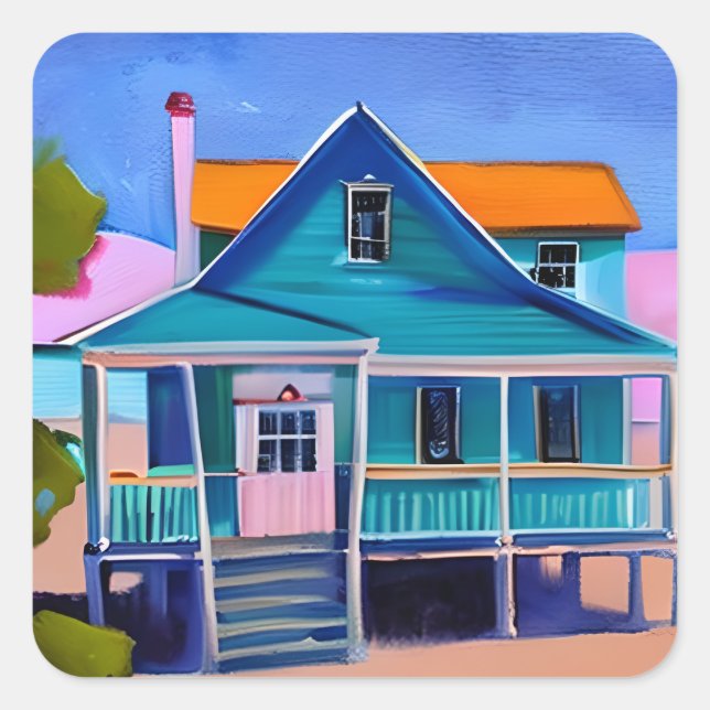 Blue Beach House Vacation Quirky Art Square Sticker (Front)