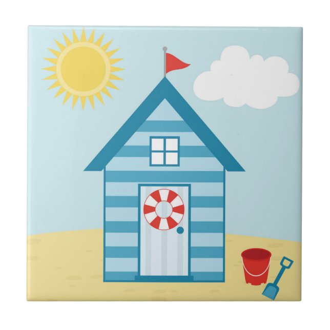 Blue Beach Hut Ceramic Tile (Front)