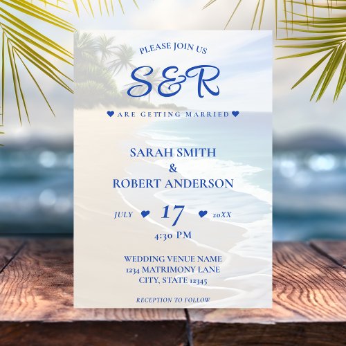 Blue Beach Island Palm Tree Destination Wedding Invitation