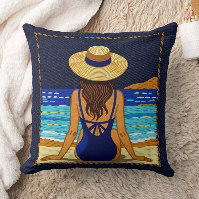 Blue Beach Noir Throw Pillow (Blanket)