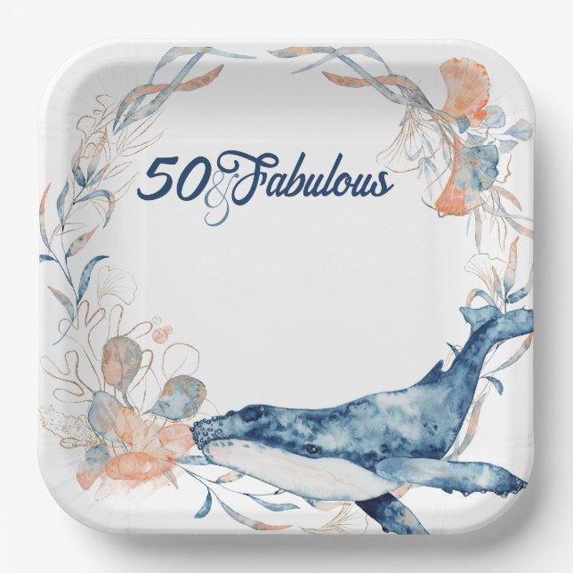 Blue beach ocean sea fifty and fabulous birthday paper plates (Front)