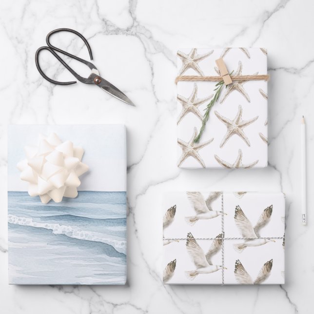 Blue Beach Ocean Wedding Wrapping Paper Sheets (Front)