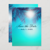 Blue BEACH PARTY Sunny Palm Trees Save the Date Announcement Postcard (Front/Back)