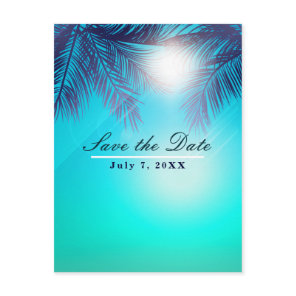 Blue BEACH PARTY Sunny Palm Trees Save the Date Announcement Postcard