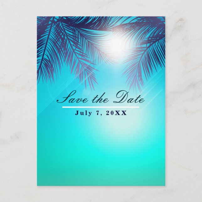 Blue BEACH PARTY Sunny Palm Trees Save the Date Announcement Postcard (Front)