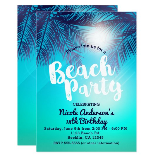 Blue Beach Party Sunny Palm Trees Summer Birthday Invitation