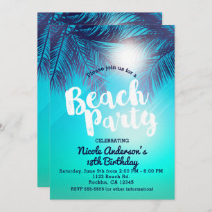 Blue BEACH PARTY Sunny Palm Trees Summer Birthday Invitation