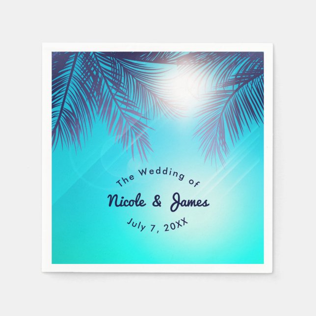 Blue BEACH PARTY Sunny Palm Trees Summer Birthday Paper Napkins (Front)