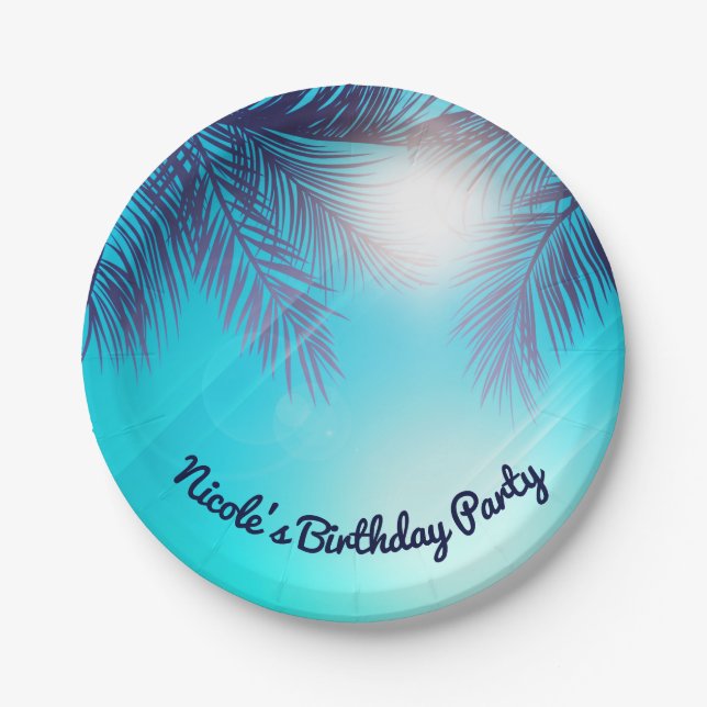 Blue BEACH PARTY Sunny Palm Trees Summer Birthday Paper Plates (Front)
