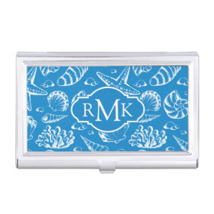 Blue Beach Pattern   Monogram Business Card Holder