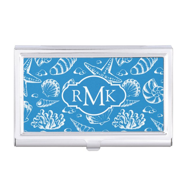 Blue Beach Pattern | Monogram Business Card Holder (Front)