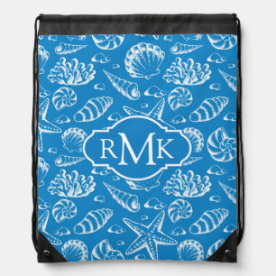 Blue Beach Pattern Monogram Drawstring Bag