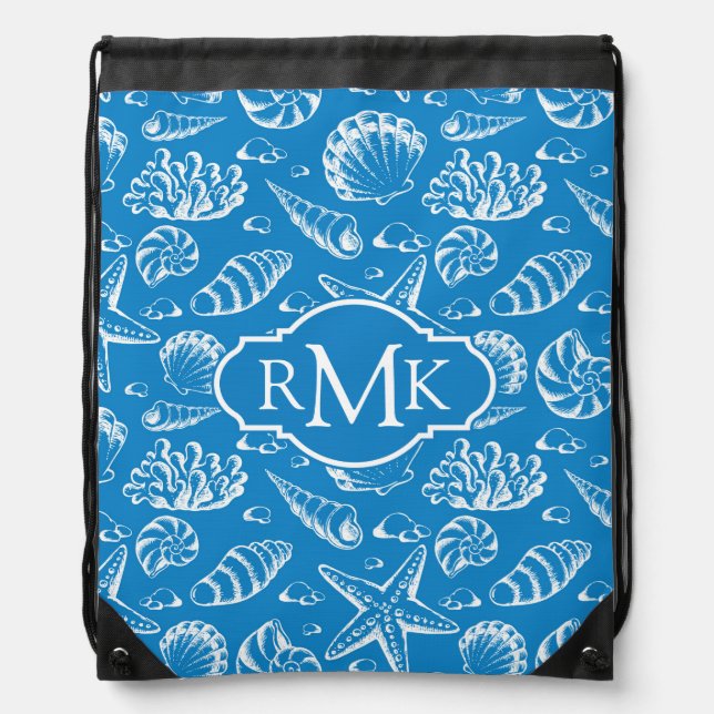 Blue Beach Pattern | Monogram Drawstring Bag (Front)
