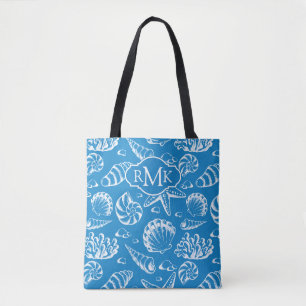 Blue Beach Pattern Monogram Tote Bag