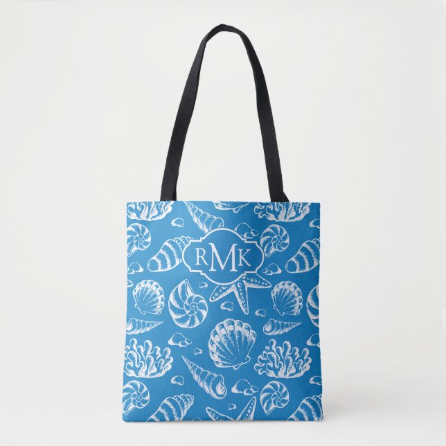 Blue Beach Pattern | Monogram Tote Bag (Front)