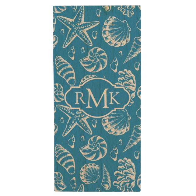 Blue Beach Pattern | Monogram Wood Flash Drive (Front Vertical)