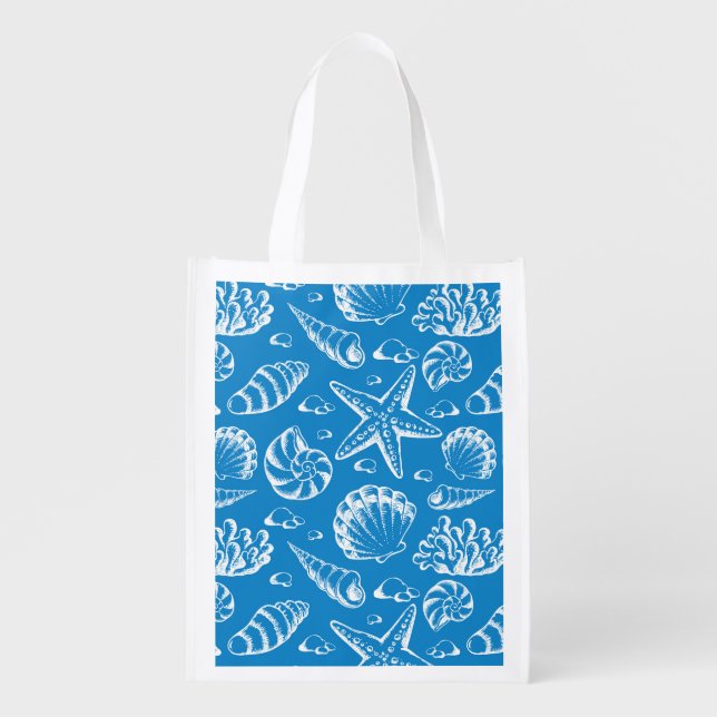 Blue Beach Pattern Reusable Grocery Bag (Front)