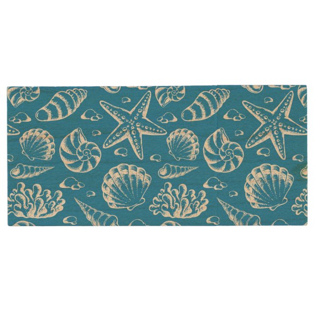 Blue Beach Pattern Wood USB Flash Drive (Front)