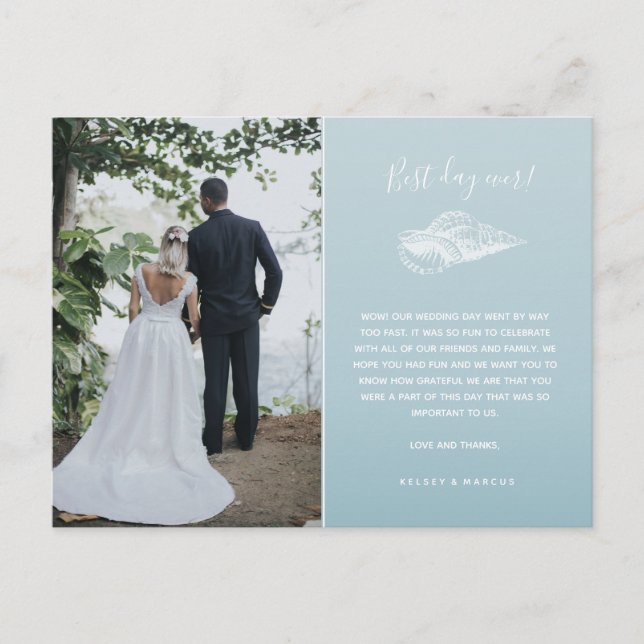 Blue Beach Photo  Wedding Thank You Postcard (Front)