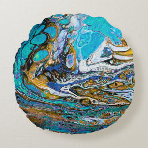 Blue Beach, River water and stones abstract art  Round Pillow