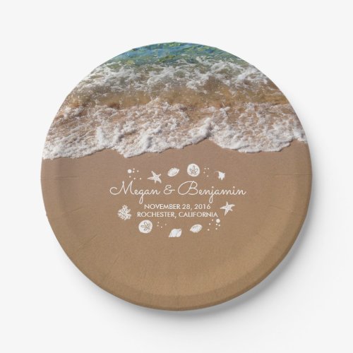 Blue Beach Sea waves and Ocean Treasures Wedding Paper Plates - Beach wedding paper plates with sand dollars, starfish, sea pearls ... Please use the 'customize' button to edit the font style or move sea treasures.