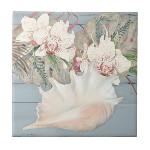 Blue Beach Seashell Conch Tropical Orchid Floral Ceramic Tile