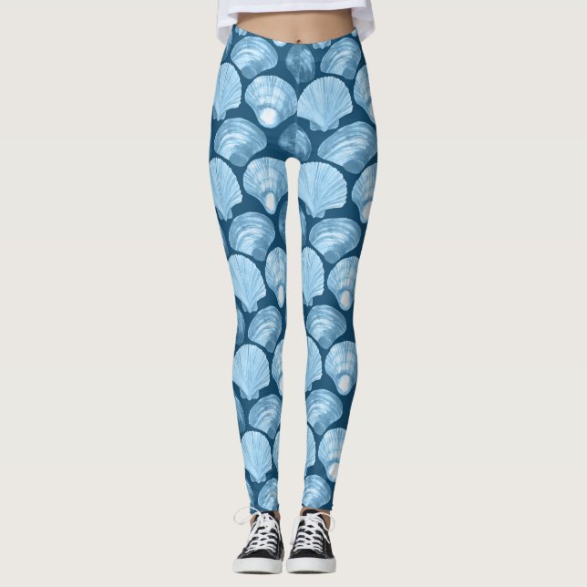 Blue Beach Seashell Pattern Leggings (Front)