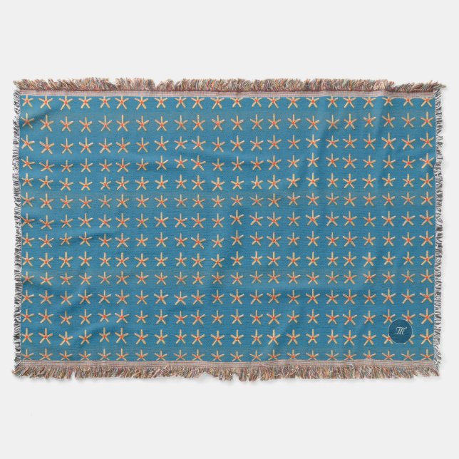 Blue Beach Shell Starfish Egypt Patterns Throw Blanket (Front)