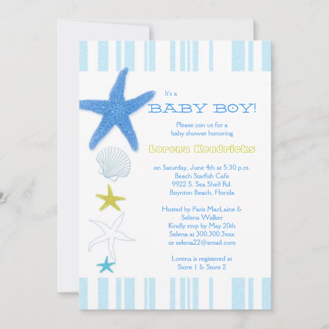 Blue Beach Starfish Striped Baby Boy Baby Shower Invitation (Front)