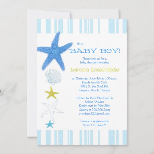 Blue Beach Starfish Striped Baby Boy Baby Shower Announcement