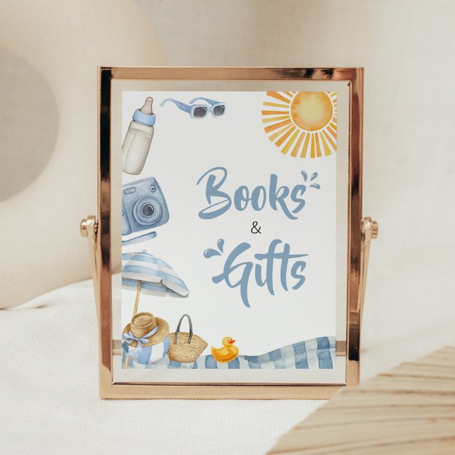 Blue Beach Summer Baby Shower Books and Gifts Poster (Boy Splish Splash Baby Shower Books and Gifts Sign)