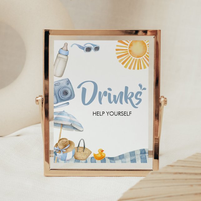 Blue Beach Summer Baby Shower Drinks Poster (Boy Splish Splash Baby Shower Drinks Sign)