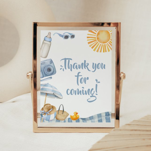 Blue Beach Summer Baby Shower Thank you Card Poster (Boy Splish Splash Baby Shower Thank you for Coming Sign)