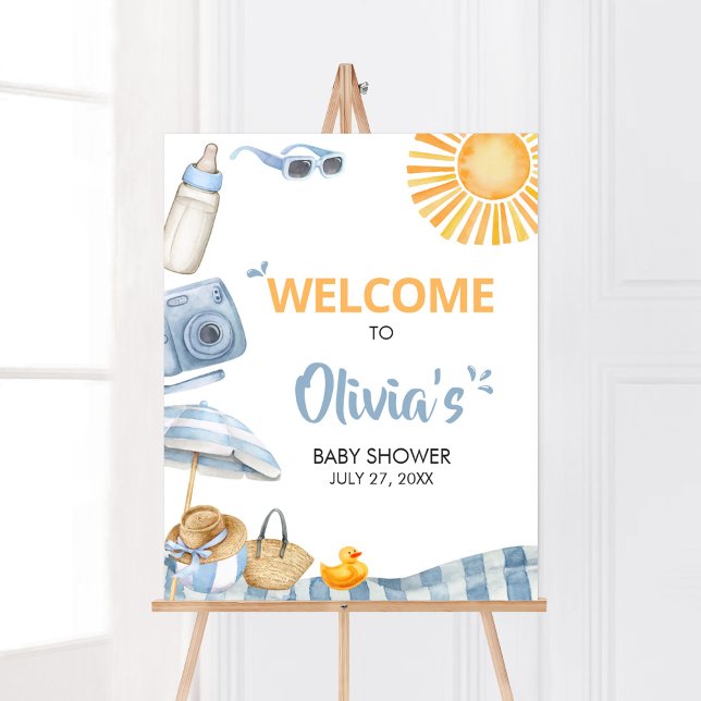 Blue Beach Summer Baby Shower Welcome Poster (Boy Splish Splash Baby Shower Welcome Sign)