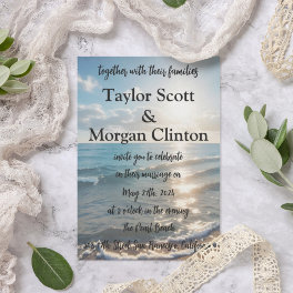 Blue Beach Sunset Watercolor Wedding Invitation