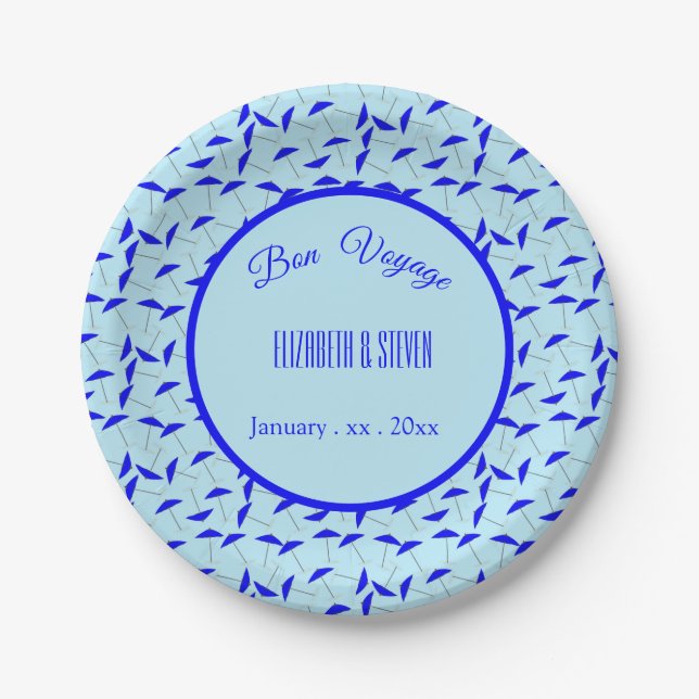 blue beach umbrella repeat pattern bon voyage paper plates (Front)