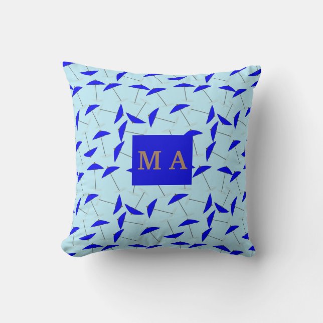 blue beach umbrella repeat pattern monogram  throw pillow (Front)