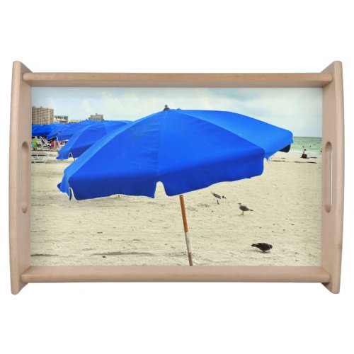 Blue Beach Umbrellas Seagulls Serving Tray