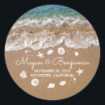 Blue Beach Waves and Sand Romantic Summer Wedding Classic Round Sticker<br><div class="desc">Blue crystal clear sea water and seaside sand wedding stickers. Please use the 'customize' button to edit font style or move sea treasures.</div>