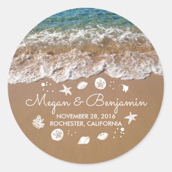 Blue Beach Waves And Sand Romantic Summer Wedding Classic Round Sticker by jinaiji at Zazzle