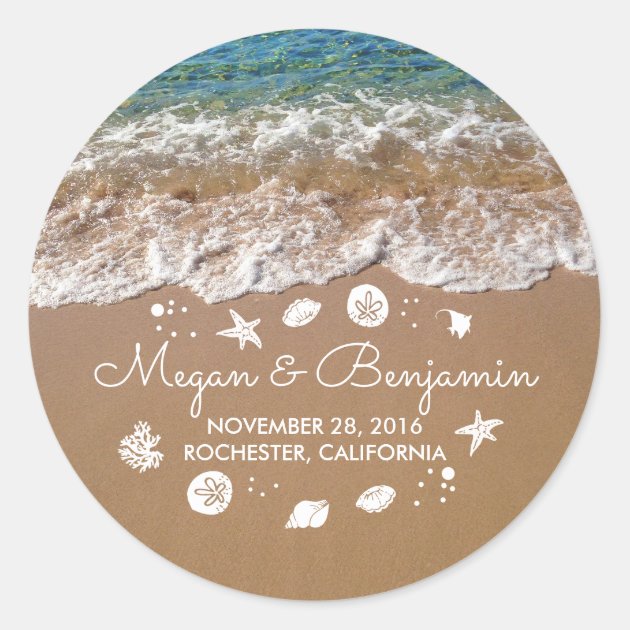 Blue Beach Waves And Sand Romantic Summer Wedding Classic Round Sticker