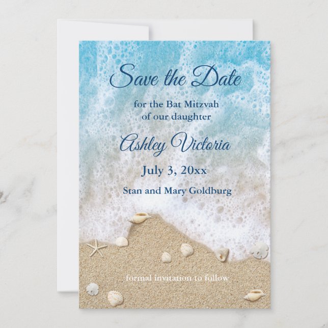 Blue Beach Waves Bat Mitzvah Save the Date Invitation (Front)