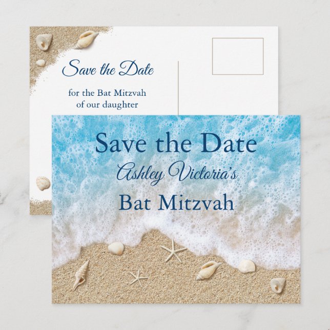 Blue Beach Waves Bat Mitzvah Save the Date Invitation Postcard (Front/Back)