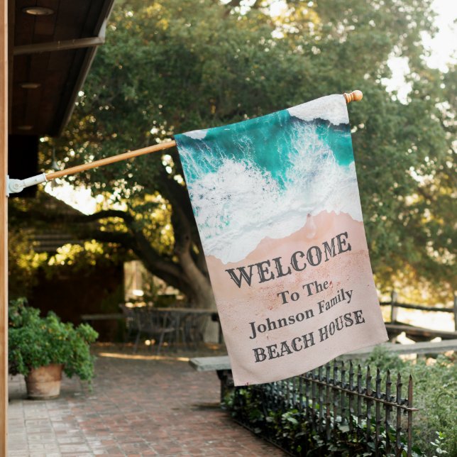 Blue Beach Waves Sand Welcome To Our Beach House  House Flag (In SItu)