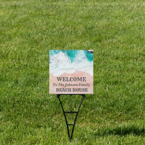 Blue Beach Waves Sand Welcome To Our Beach House  Sign