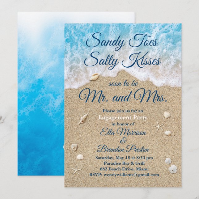 Blue Beach Waves Sandy Toes Engagement Party Invitation (Front/Back)