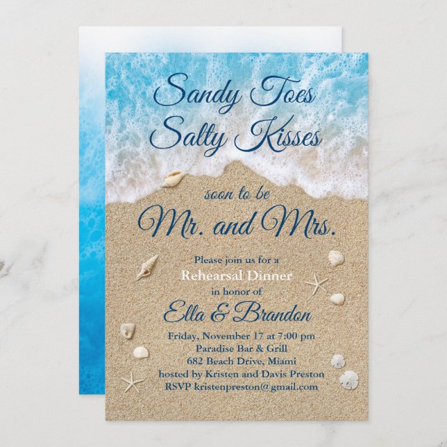 Blue Beach Waves Sandy Toes Rehearsal Dinner Invitation (Front/Back)