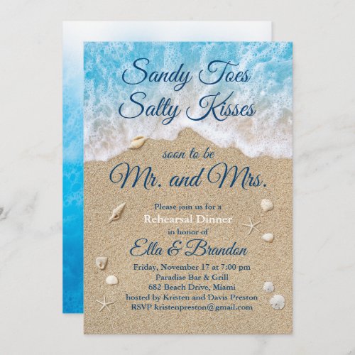 Blue Beach Waves Sandy Toes Rehearsal Dinner Invitation